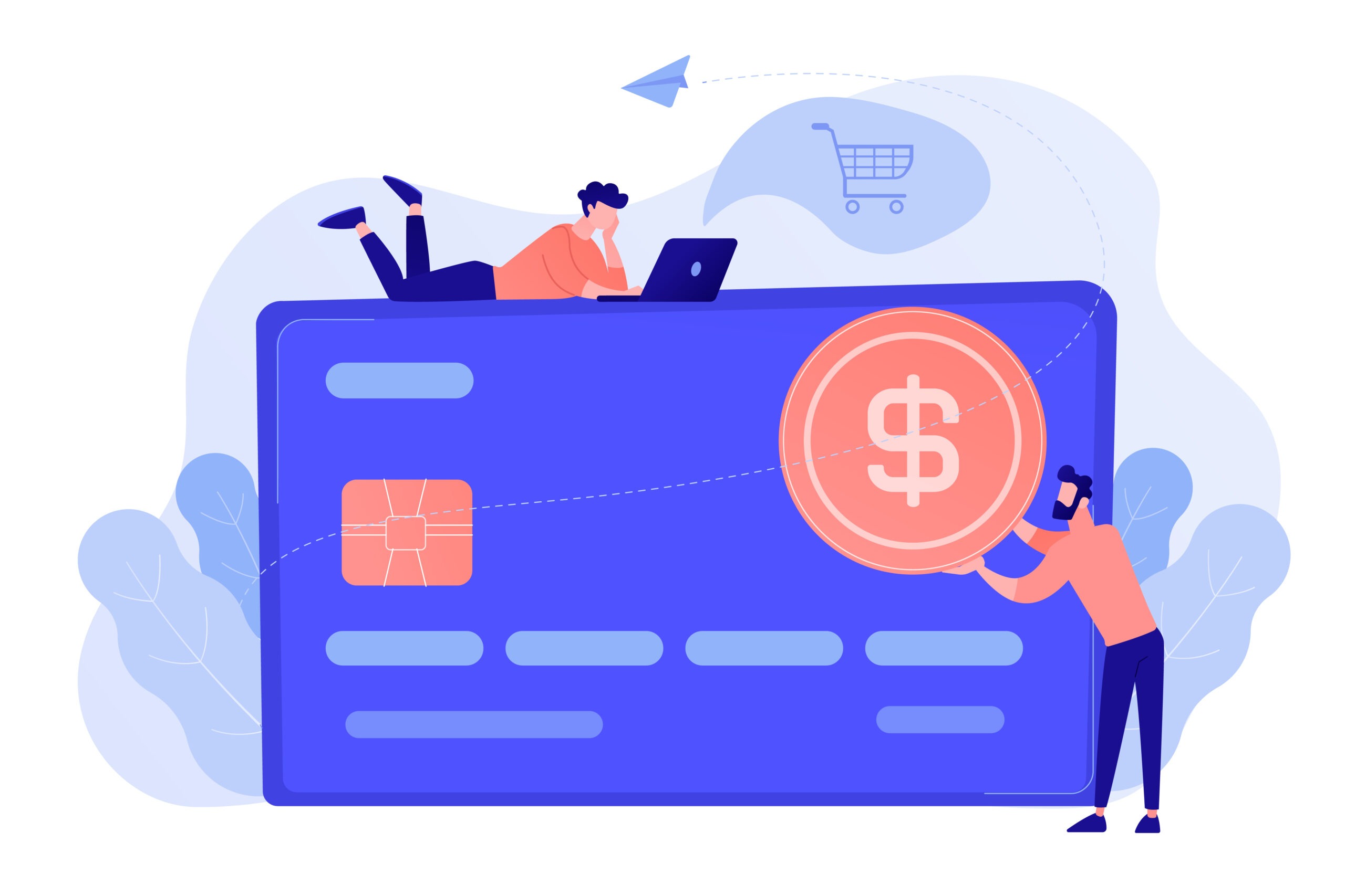 Credit card with dollar coin and users. E-commerce and online shopping, financial operations and plastic card, mobile payment and banking concept. Vector isolated illustration.