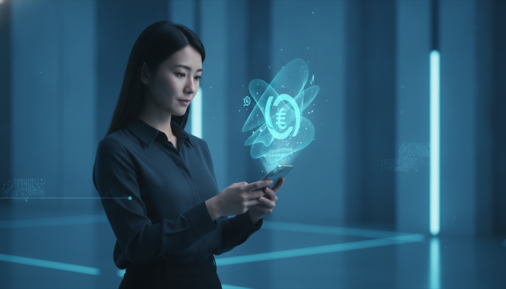 Profissional japonês segurando celular com holograma financeiro azul-ciano que representa o Valor Efetivo Total