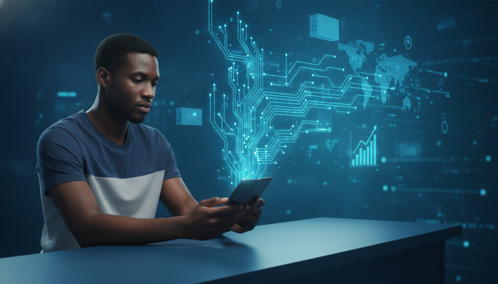 Profissional negro com celular flip e trilhas de circuito azul-ciano simbolizando tributação compras internacionais até US$50