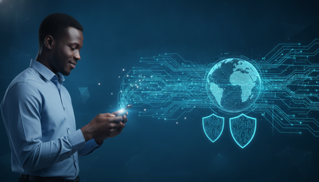 Profissional negro com celular e trilhas de circuito azul-ciano indicando remessa internacional via fintech de remessa online