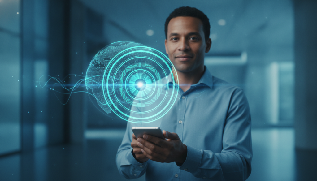 Torcedor moreno em smart casual segurando celular flip com íris ótica holográfica e interface de câmbio, sugerindo como poupar em dólar