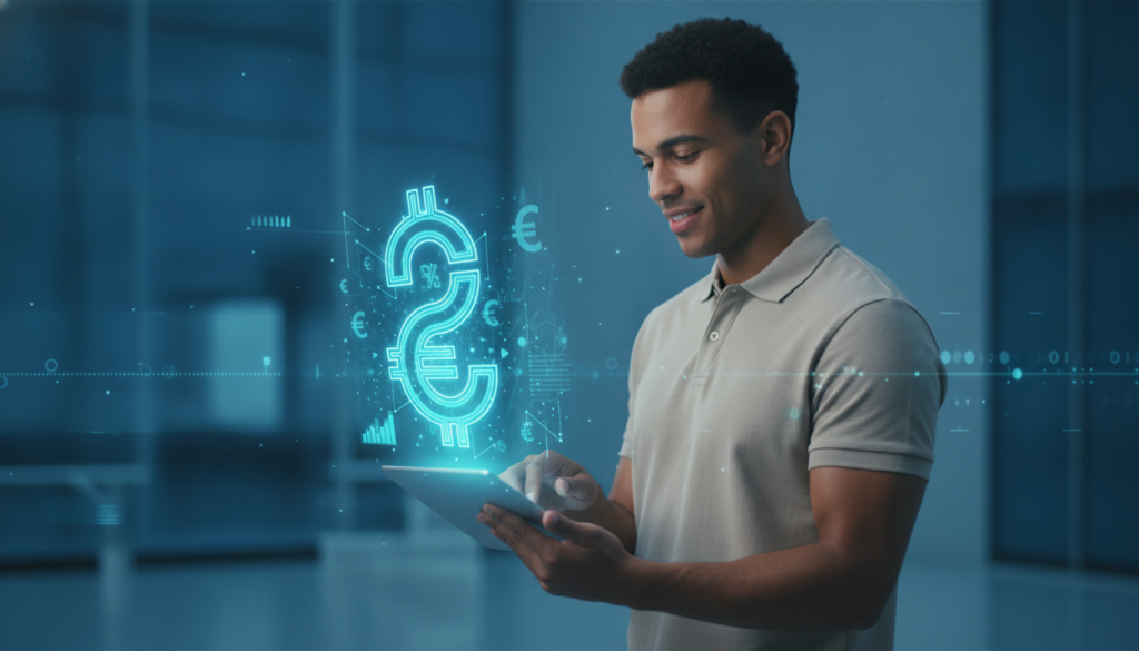 Profissional interagindo com tablet que projeta holograma financeiro, simbolizando agente autônomo de câmbio