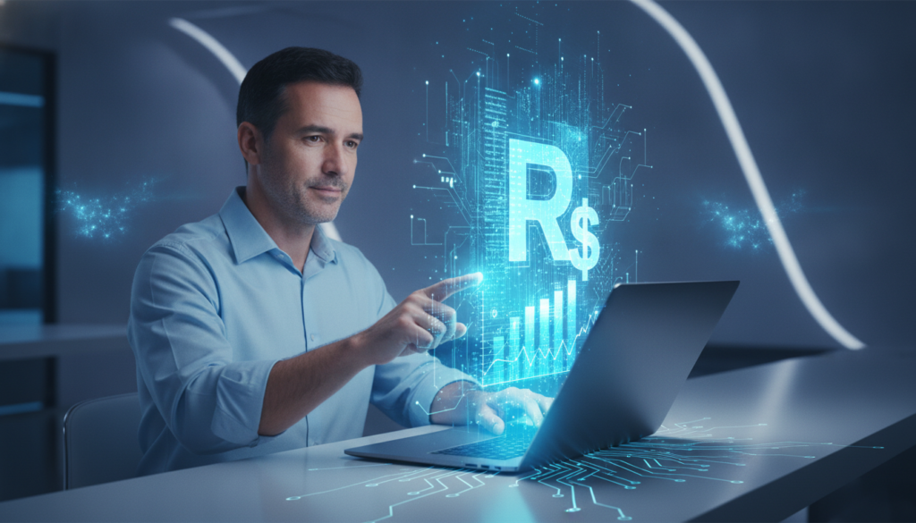 Profissional em plano médio interage com notebook que projeta um holograma financeiro azul-ciano representando a dívida pública brasileira
