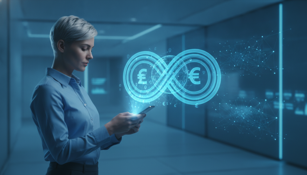Profissional em plano médio segurando celular com holograma financeiro azul-ciano, ilustrando correspondente cambial