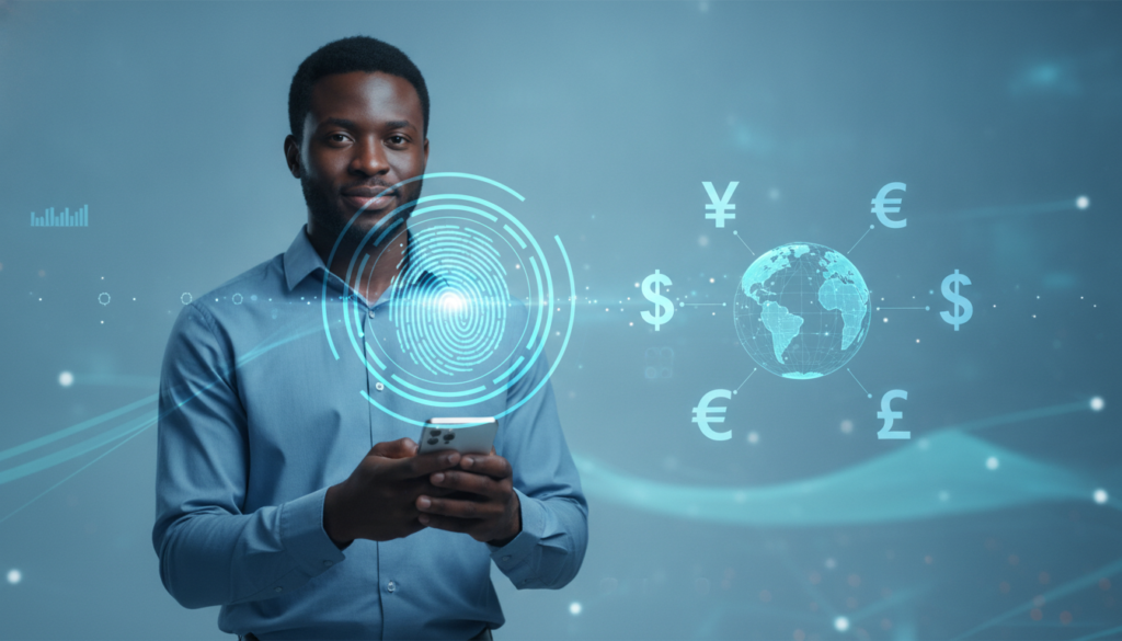 Profissional negro com smartphone e impressão digital holográfica azul-ciano representando segurança e conversão em startup de câmbio