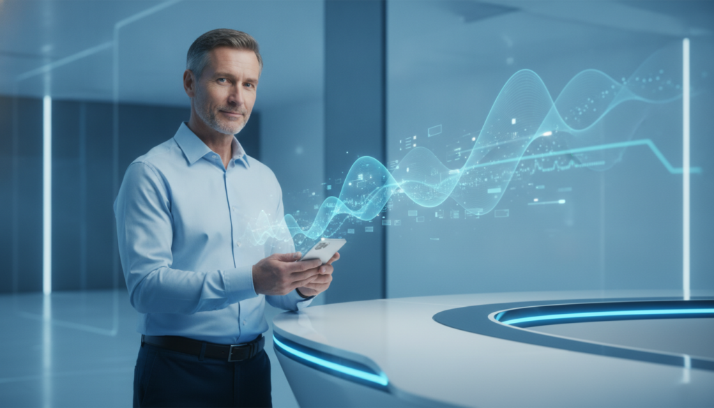 Profissional interagindo com celular e ondas holográficas que ilustram transferências unilaterais de capital e correntes