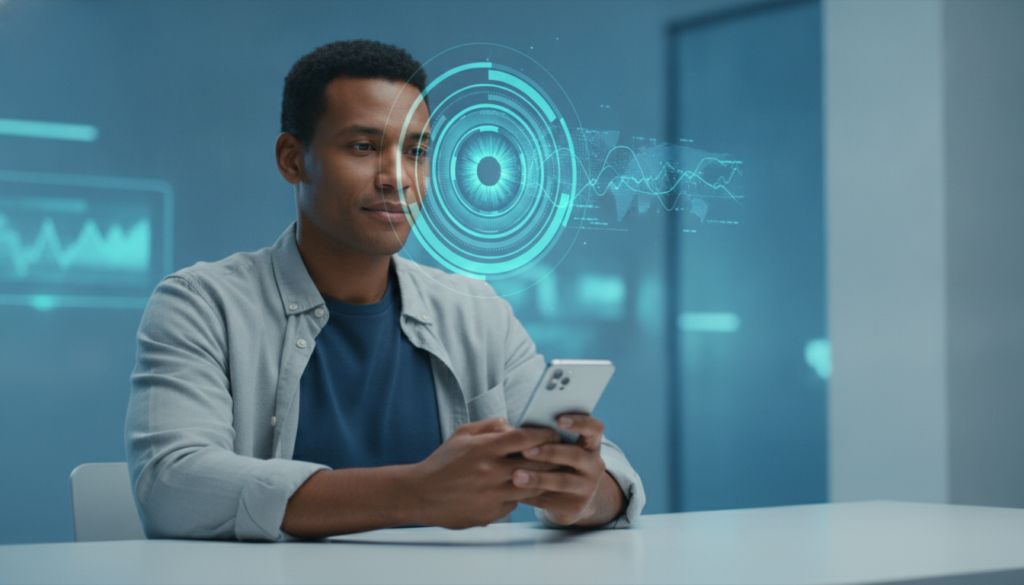 Profissional morena interagindo com smartphone que projeta íris ótica holográfica sobre interface de hedge cambial