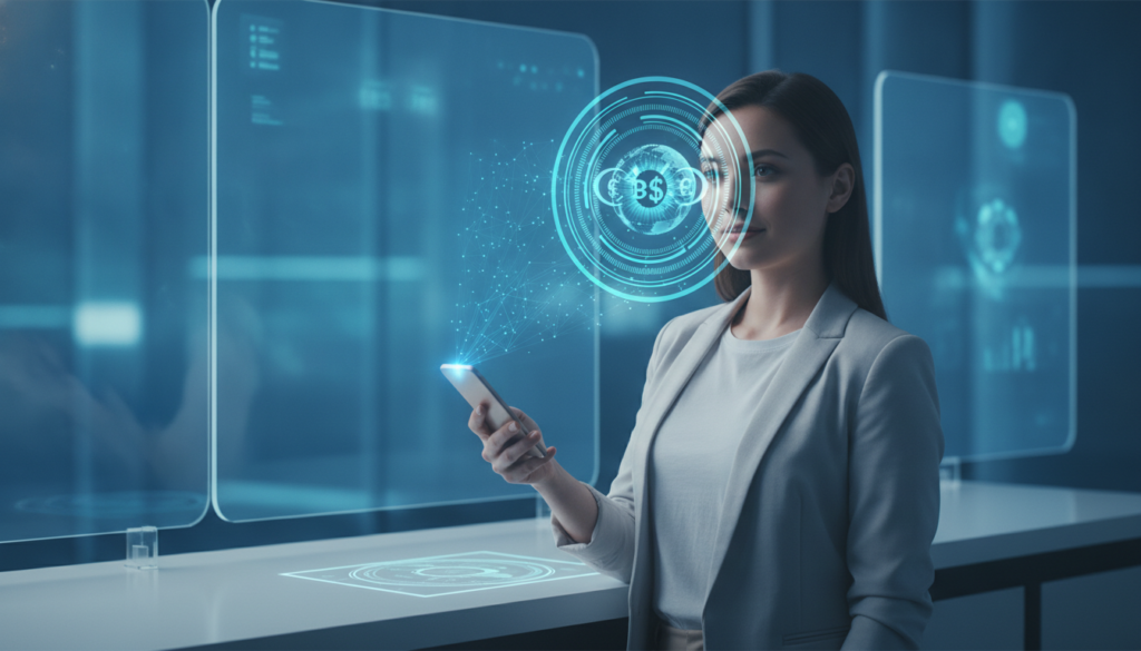 Profissional interage com celular e íris ótica holográfica que simboliza contratos futuros de câmbio