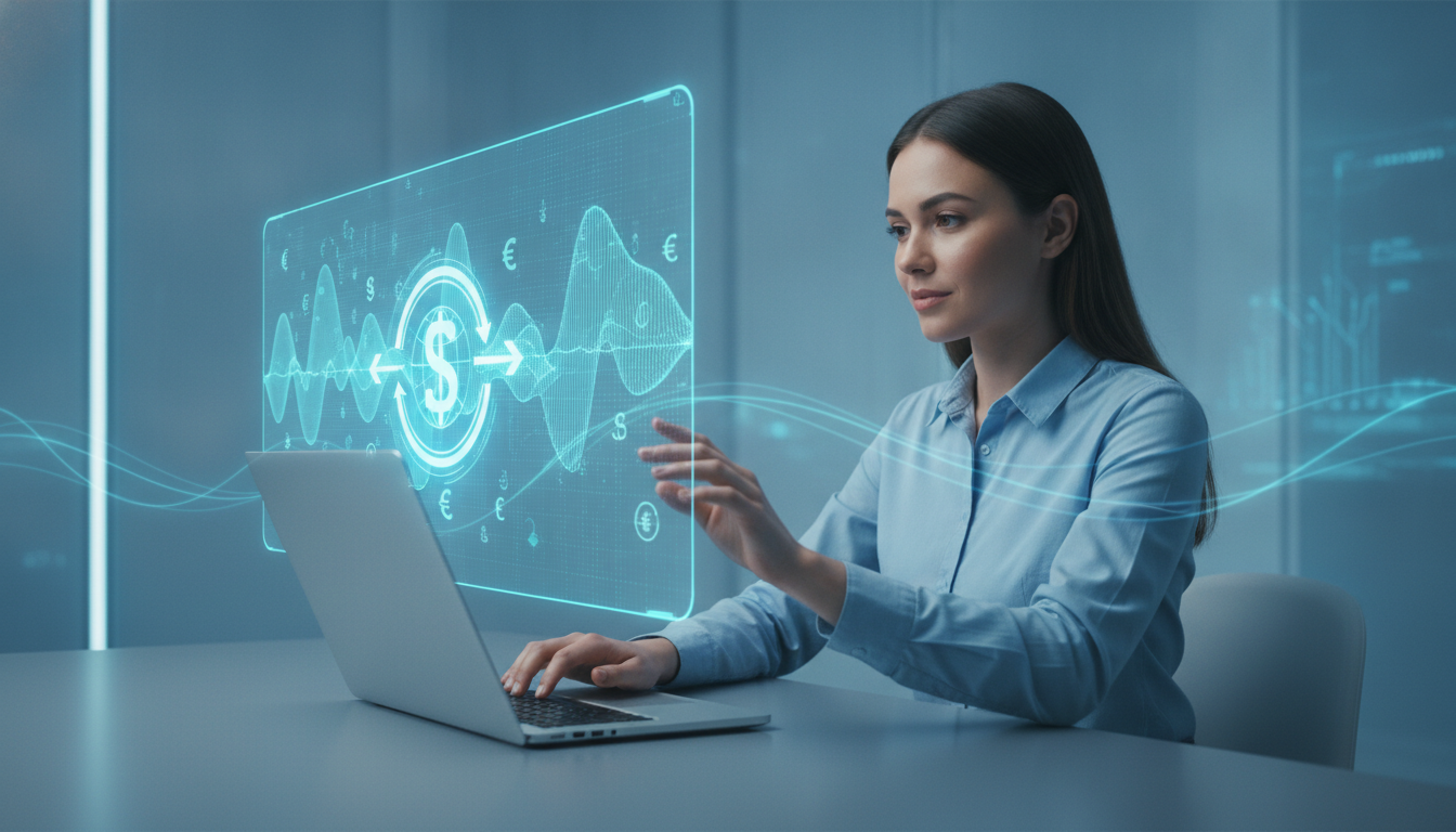 Profissional com ultrabook e holograma financeiro azul-ciano ilustrando variação cambial