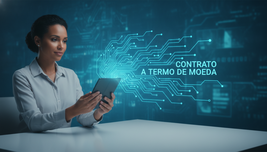 Profissional morena interagindo com celular fold que emite trilhas de circuito azul-ciano representando contrato a termo de moeda