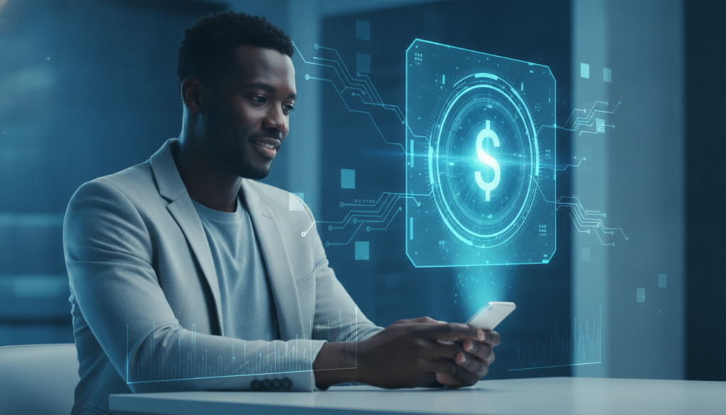 Profissional negro com celular e holograma financeiro azul-ciano representando contratos de swap de moedas e risco cambial