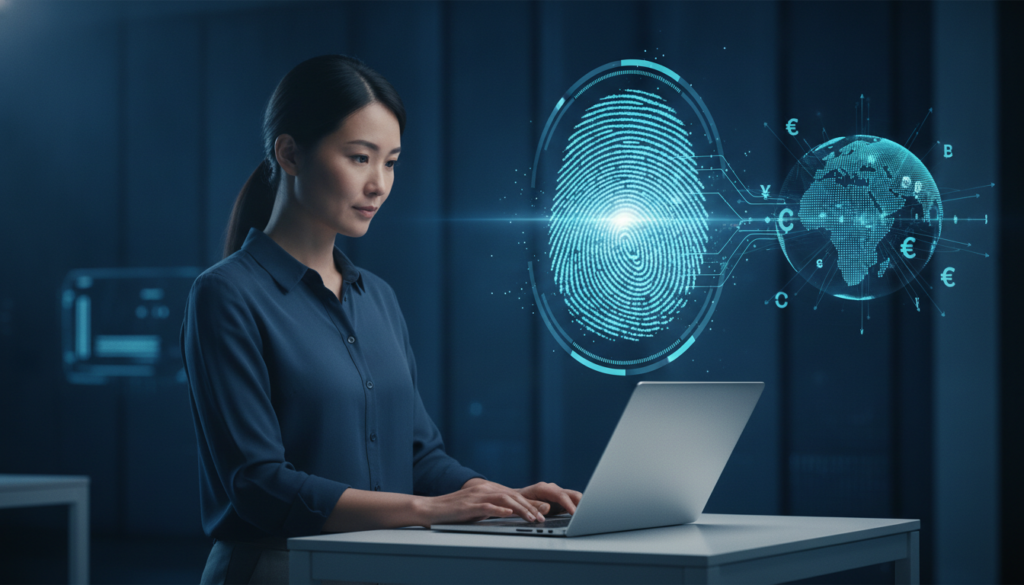 Profissional asiática com notebook e holograma de impressão digital e símbolos monetários, representando contrato de câmbio