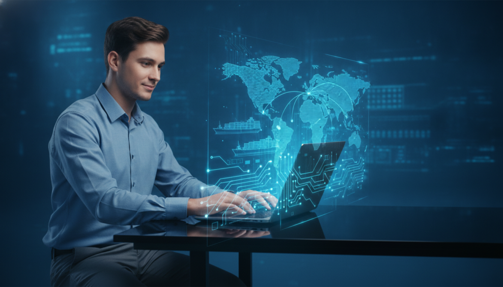 Profissional interage com netbook e trilhas de circuito azul-ciano conectando interface, representando câmbio na importação de produtos
