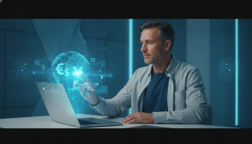 Profissional interagindo com notebook e holograma financeiro azul-ciano representando contratação internacional e contratos de câmbio