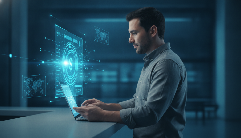 Viajante latino meio-corpo ajustando finanças no netbook com holograma financeiro azul-ciano, sugerindo economia na viagem para Buenos Aires