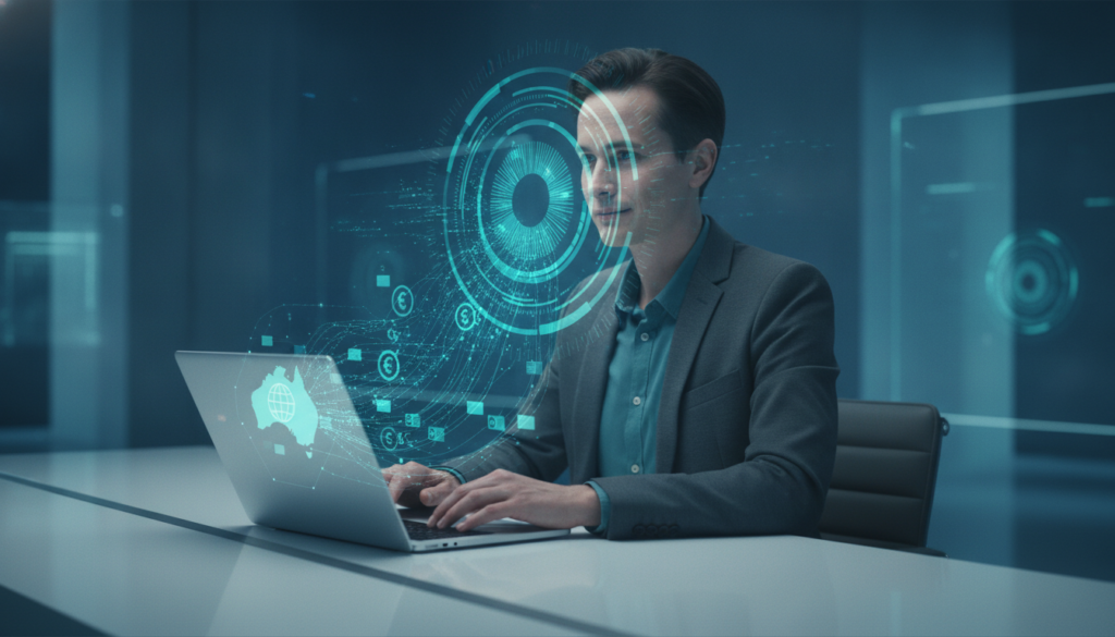 Profissional em plano médio gerenciando finanças no notebook com íris ótica holográfica e símbolos de câmbio, intercâmbio na Austrália