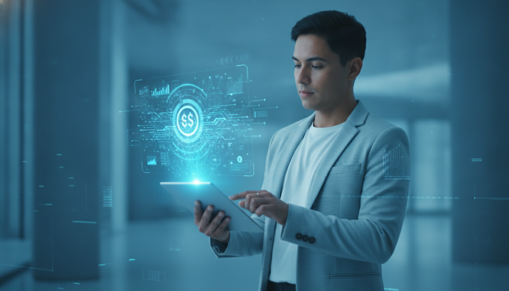 Profissional latino em plano médio usando tablet que projeta holograma financeiro azul-ciano, simbolizando processo para obter Green Card