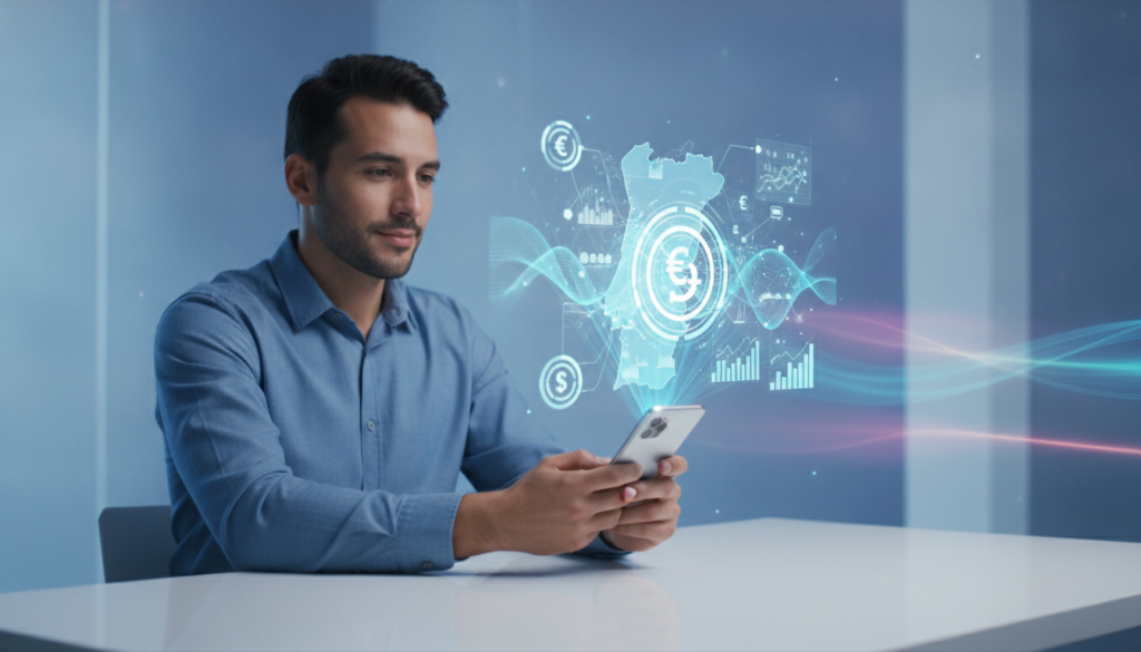 Viajante latino segurando celular com holograma de ondas sonoras e gráficos, organizando finanças para viagem para Portugal