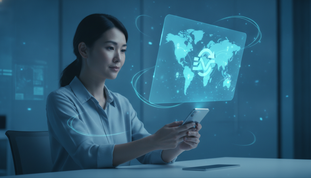 Viajante japonesa segurando celular com holograma financeiro azul-ciano, em ambiente futurista que sugere planejamento de viagem para Maldivas