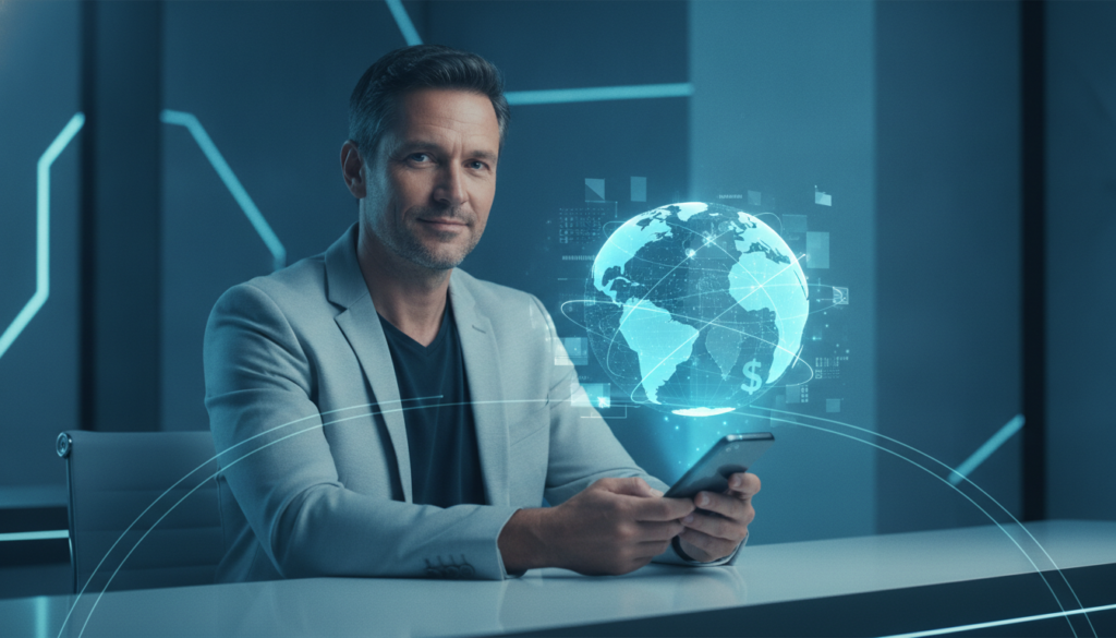 Adulto em plano médio interagindo com celular flip; holograma financeiro azul-ciano indica remessas e planejamento de viagem em família.