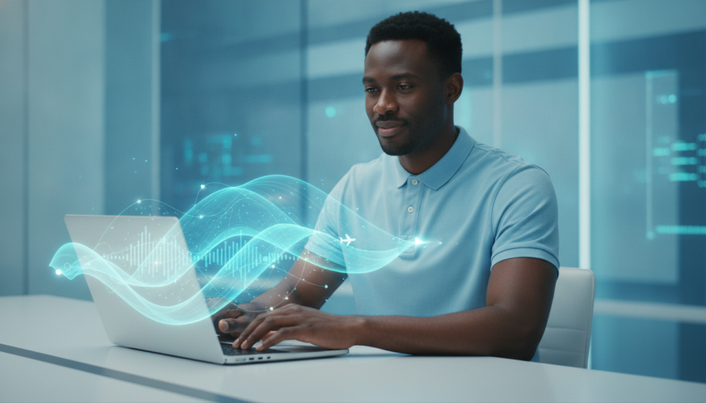 Profissional negro meio-corpo interagindo com notebook e ondas sonoras holográficas que sugerem busca por passagem aérea barata