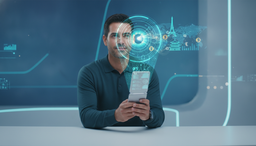 Viajante latino em plano médio segurando celular flip que projeta íris ótica holográfica com símbolos de viagem e finanças, viagem internacional sustentável