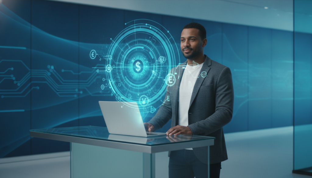 Viajante em plano médio organizando finanças num ultrabook com íris ótica holográfica, simbolizando câmbio para mochilão na Europa