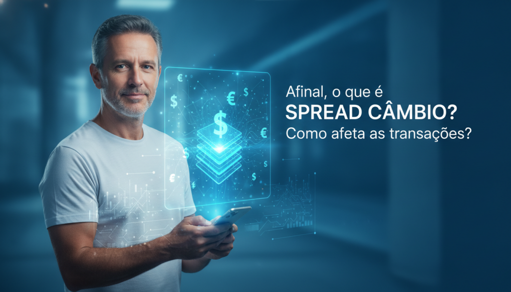 Profissional em plano médio segurando smartphone que projeta holograma financeiro azul-ciano representando spread câmbio