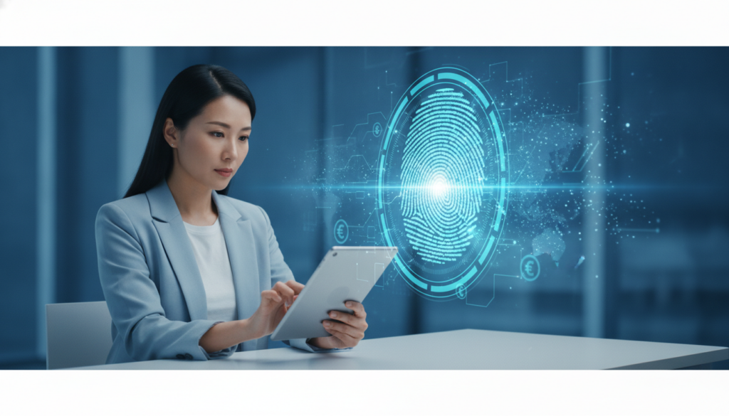 Profissional japonesa interage com tablet e impressão digital holográfica, transmitindo câmbio e referência à moeda usada na Itália