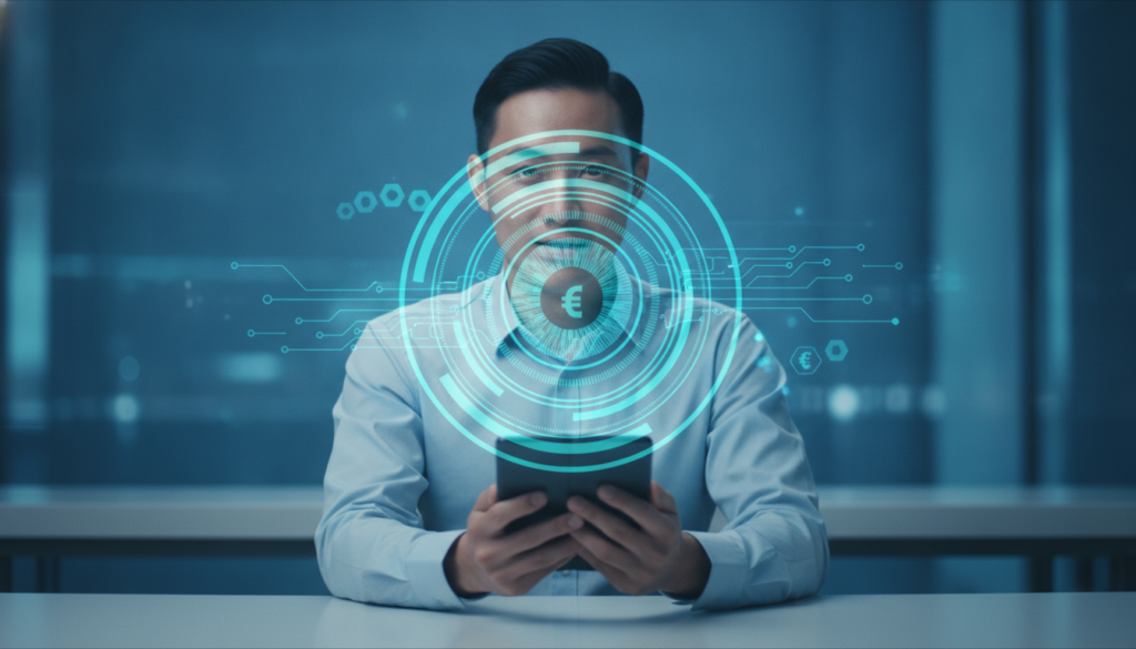 Profissional japonesa olhando para celular fold com interface financeira e íris ótica holográfica simbolizando câmbio ao mudar de país