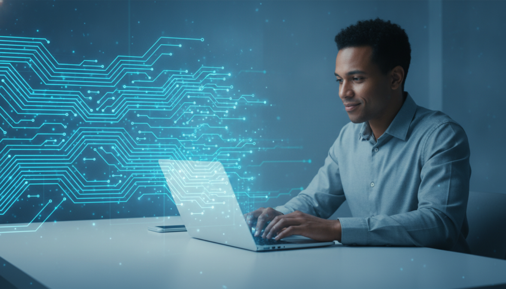 Profissional fintech interage com notebook e trilhas de circuito luminosas, simbolizando segurança das transações internacionais