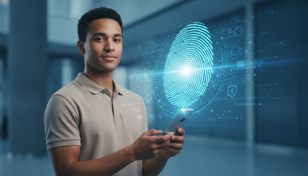 Jovem profissional morena segurando celular flip com holograma de impressão digital e interface de câmbio, tema intercâmbio em Londres