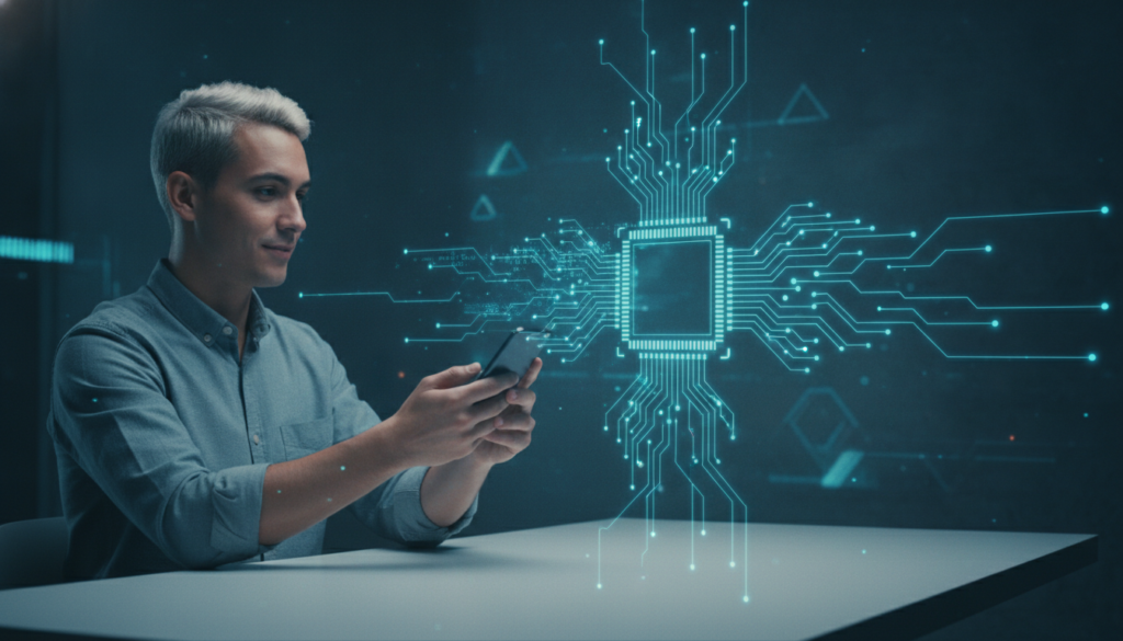 Usuário latino segurando celular com interface financeira e trilhas de circuito que simbolizam conta internacional