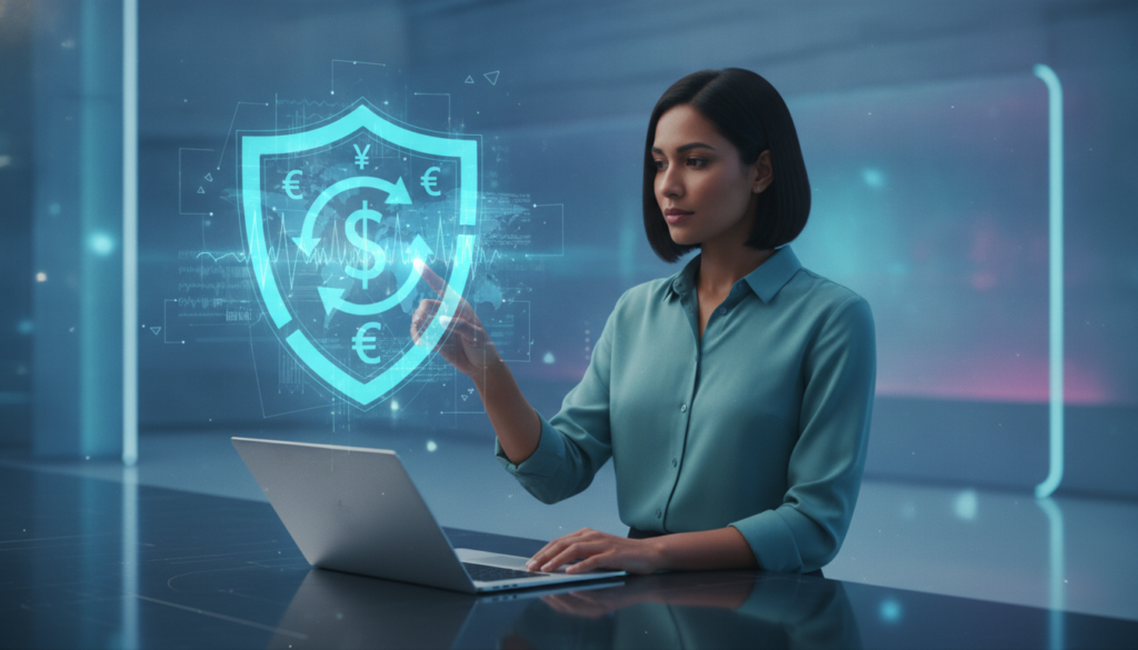 Profissional parda interagindo com notebook e holograma financeiro azul-ciano simbolizando hedge cambial