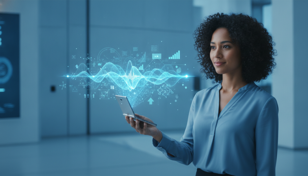 Profissional segurando celular flip com holograma de ondas e elementos financeiros, simbolizando diversificação de investimentos