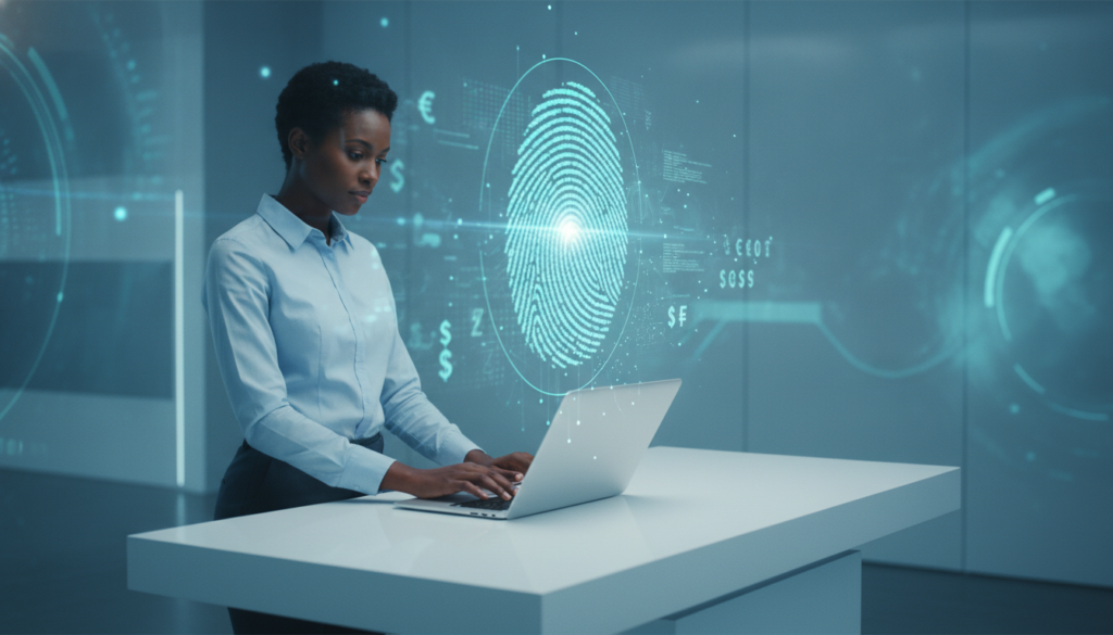 Profissional morena interagindo com notebook e holograma de impressão digital em interface financeira — Censo Anual de Capitais Estrangeiros