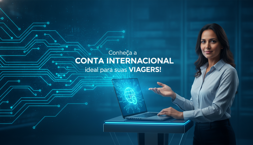 Protagonista parda em meio-corpo interage com netbook e trilhas de circuito azul-ciano que evocam conta internacional