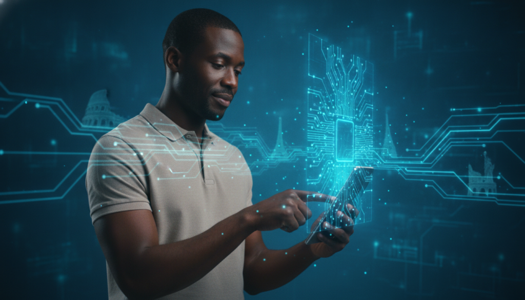 Viajante negro profissional usando celular flip com holograma de câmbio e trilhas de circuito azul representando turismo internacional 2023
