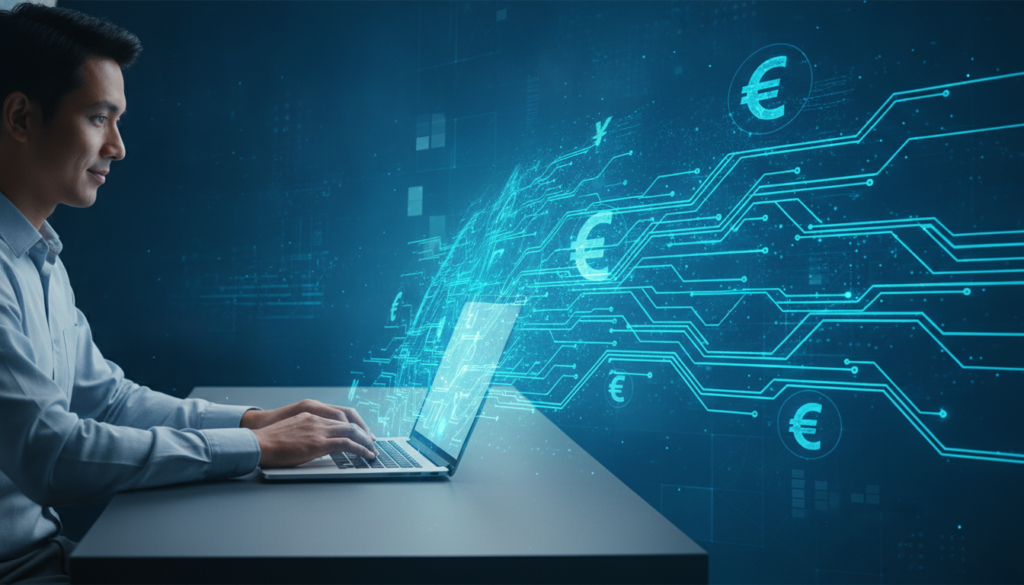 Profissional parda interage com ultrabook e trilhas de circuito azul-ciano que simbolizam câmbio e conta global euro