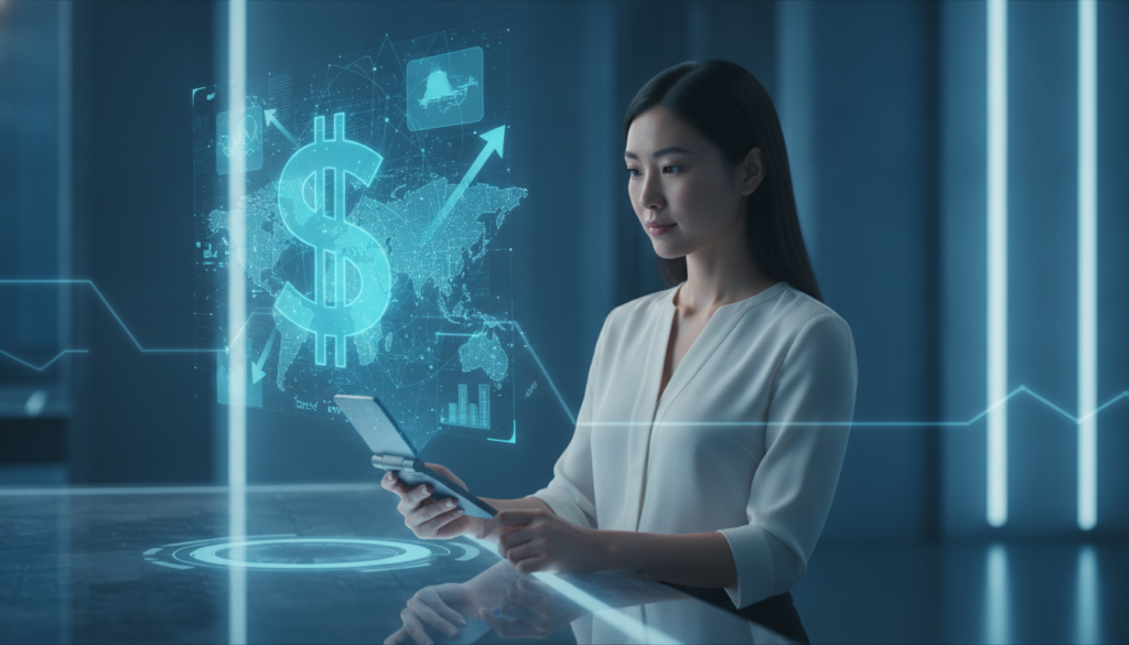 Profissional japonesa com celular flip projetando holograma financeiro azul sobre mapa, indicando melhores cidades para imigrantes nos EUA