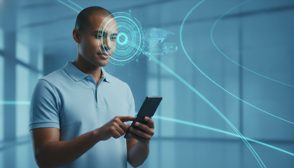 Profissional morena segurando celular flip com interface de íris ótica holográfica, simbolizando banco digital internacional e segurança