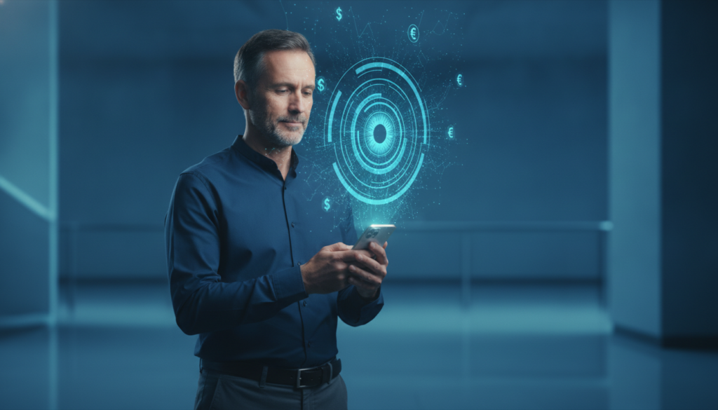 Profissional segurando smartphone com íris ótica holográfica e interface financeira, representando cartão internacional