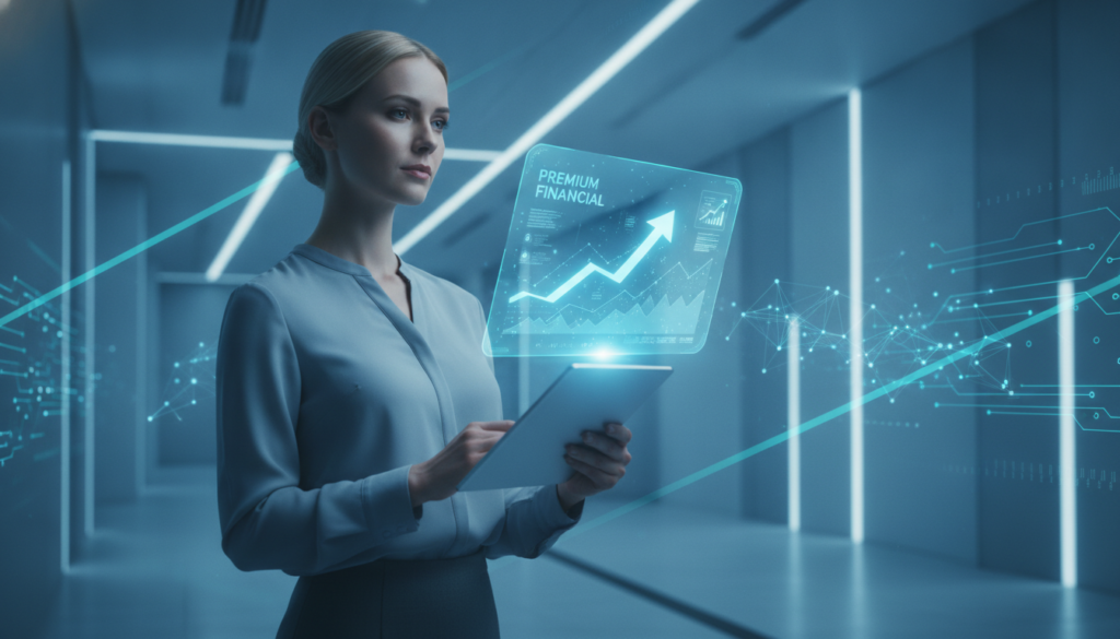 Profissional interage com tablet exibindo holograma financeiro azul-ciano, representando melhores investimentos 2023