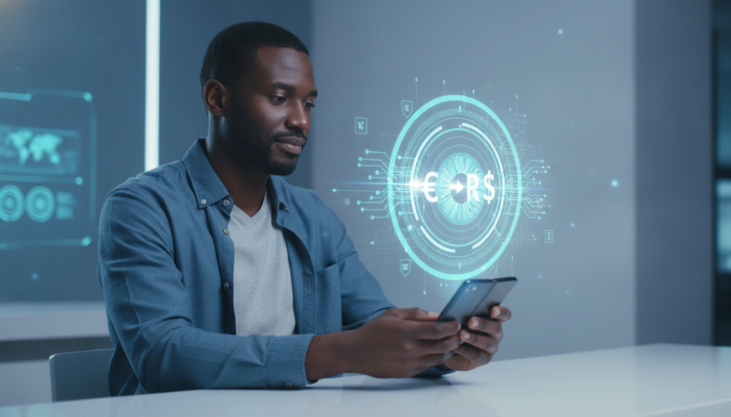 Profissional parda segurando celular fold com íris ótica holográfica e símbolos de câmbio, representando converter euro em real