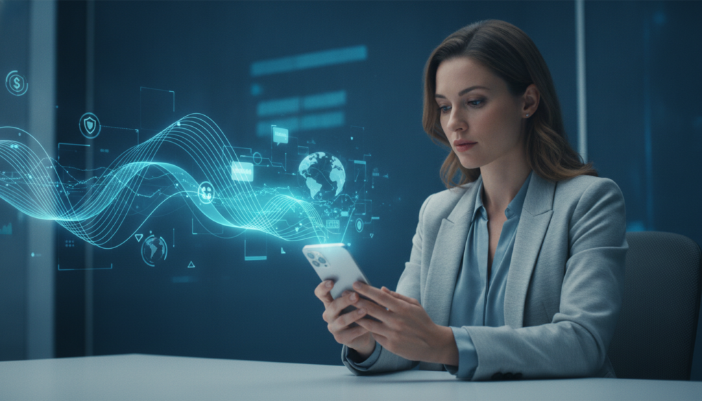 Profissional tocando celular com ondas sonoras holográficas que simbolizam comunicação e segurança em pagamentos internacionais