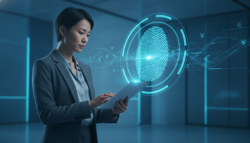 Profissional japonesa usando tablet com impressão digital holográfica representando trocar dinheiro aeroporto e segurança digital