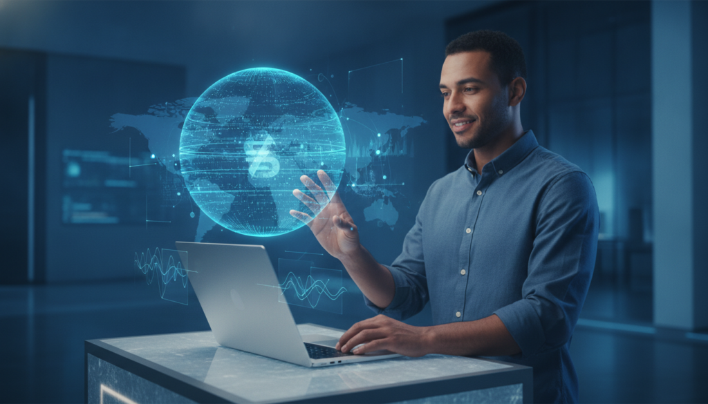 Profissional de pele morena com ultrabook projetando holograma financeiro azul-ciano sobre remessas, simbolizando morar nos Estados Unidos