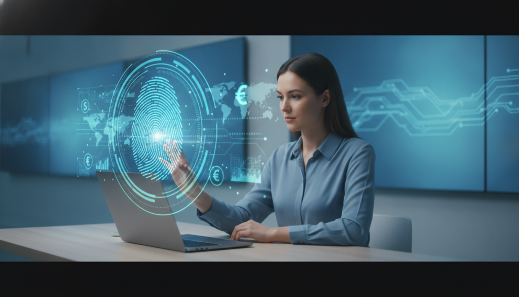 Profissional usando ultrabook com impressão digital holográfica e interface financeira, representando IOF compra internacional e segurança