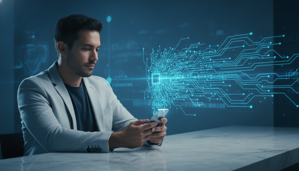 Profissional latino segurando celular com holograma de trilhas de circuito azul-ciano, representando investir em empresas americanas