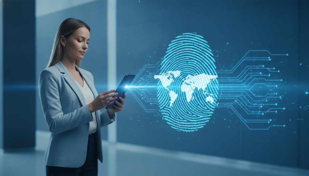Profissional interagindo com celular fold e impressão digital holográfica conectando mapas de países que falam português